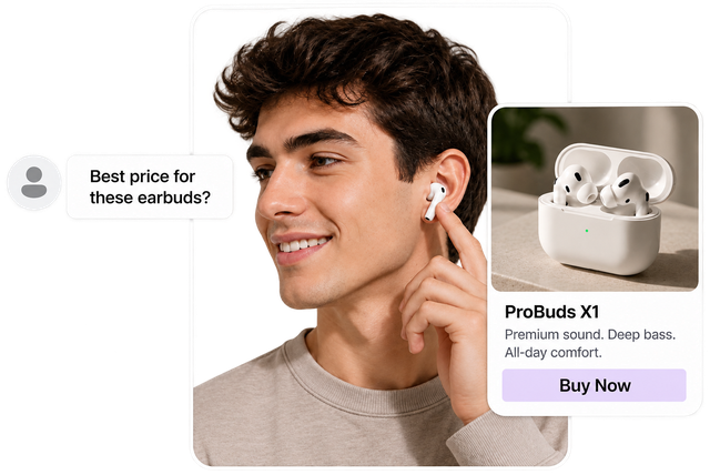 Shopper asking for a price, with a product card and Buy Now button in the reply
