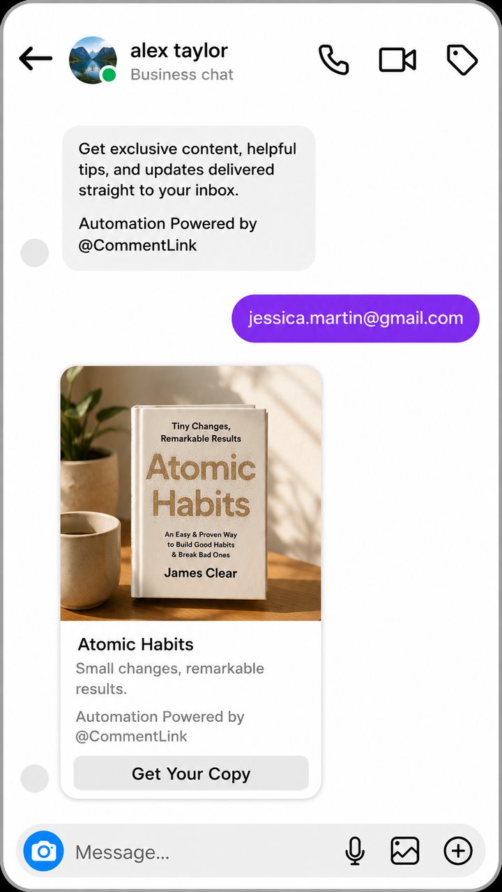 Instagram DM collecting an email, then sending a lead magnet card